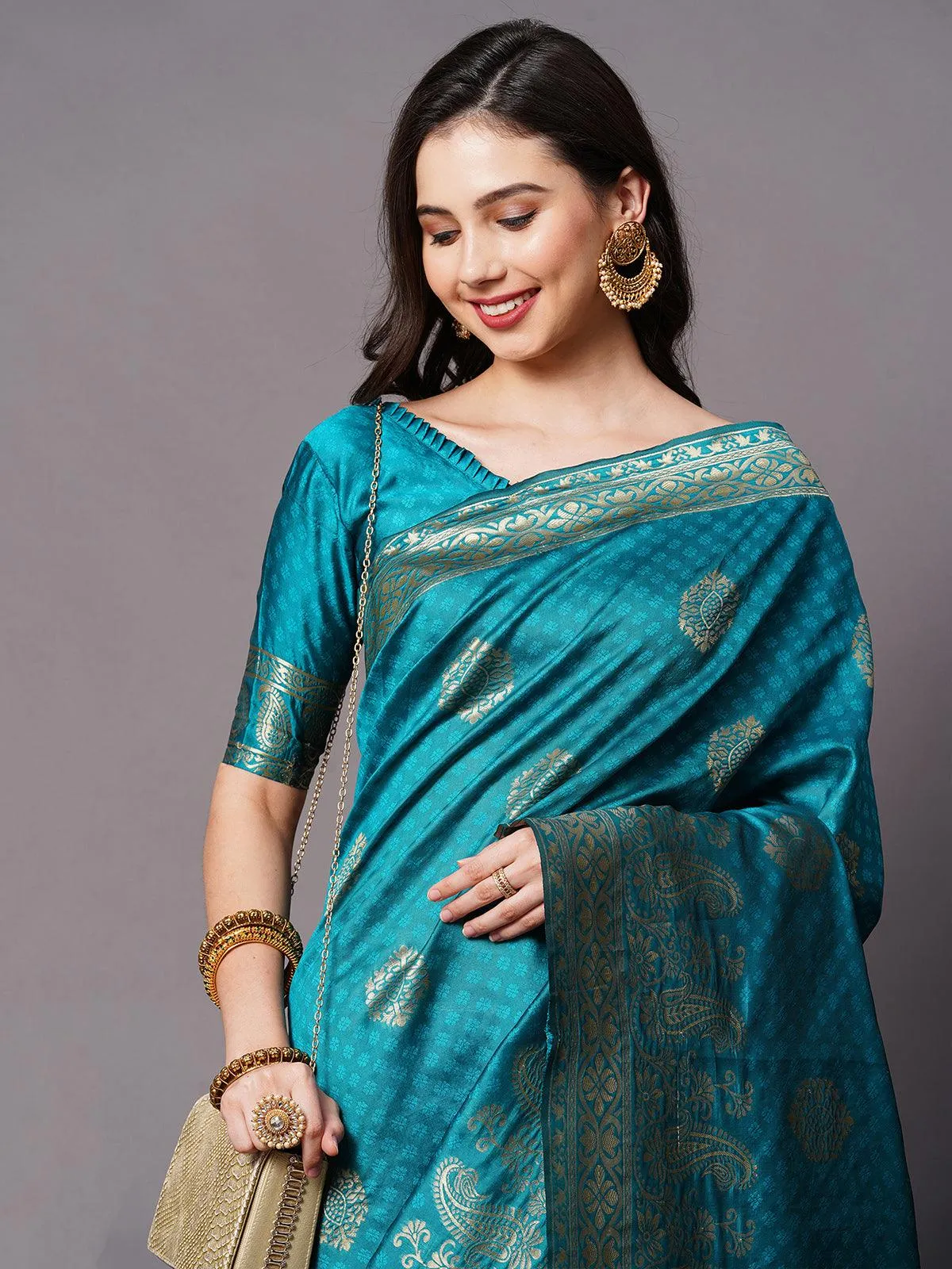 Odette Women Teal Blue Festive Silk Blend Woven Design Saree With Unstitched Blouse