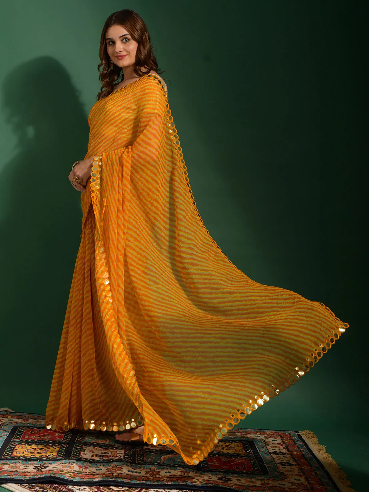 Odette Women Yellow Chiffon Designer Saree With Unstitched Blouse