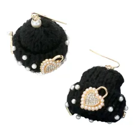 Pearl Key Heart Lock Embellished Knit Beanie Hat Dangle Earrings