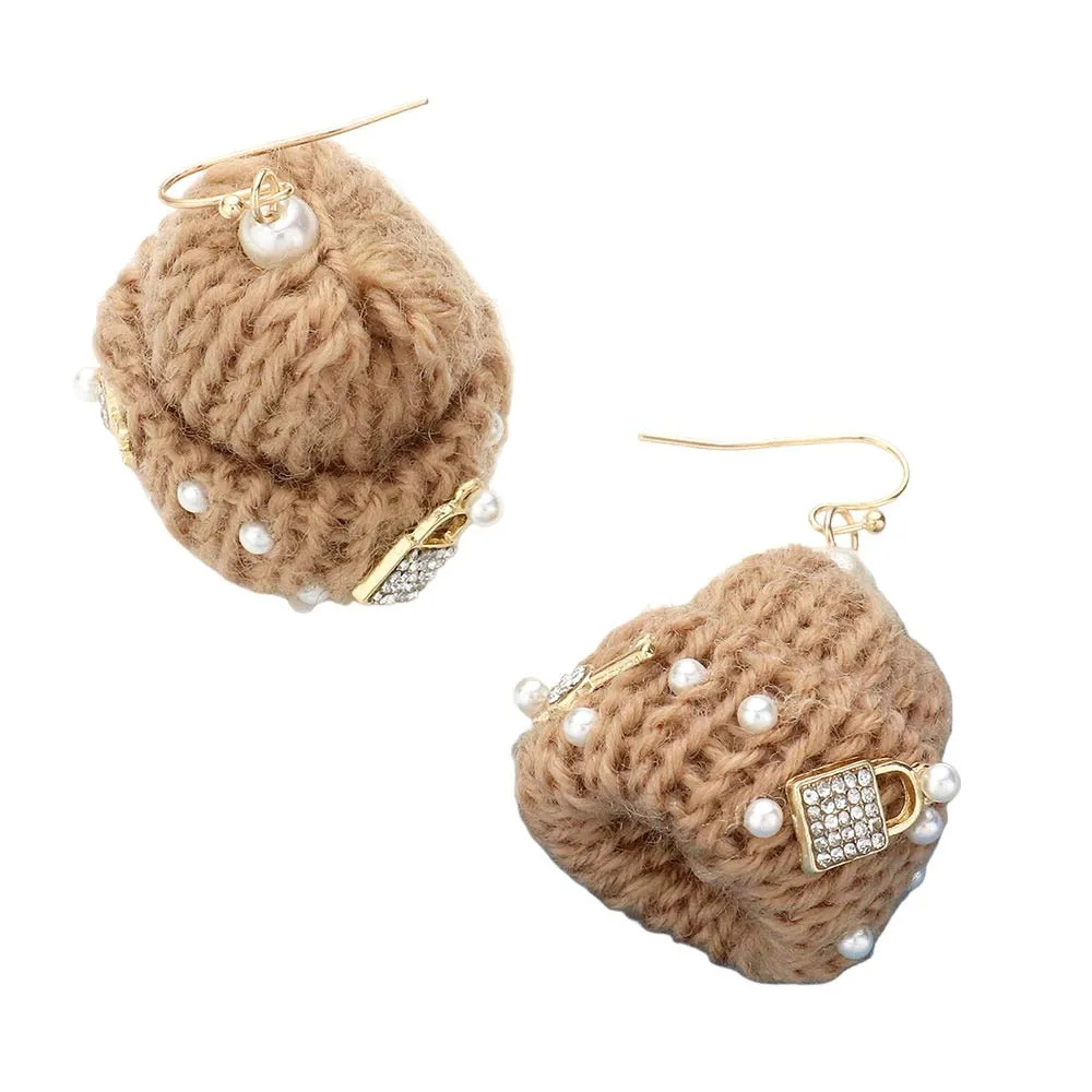 Pearl Key Heart Lock Embellished Knit Beanie Hat Dangle Earrings