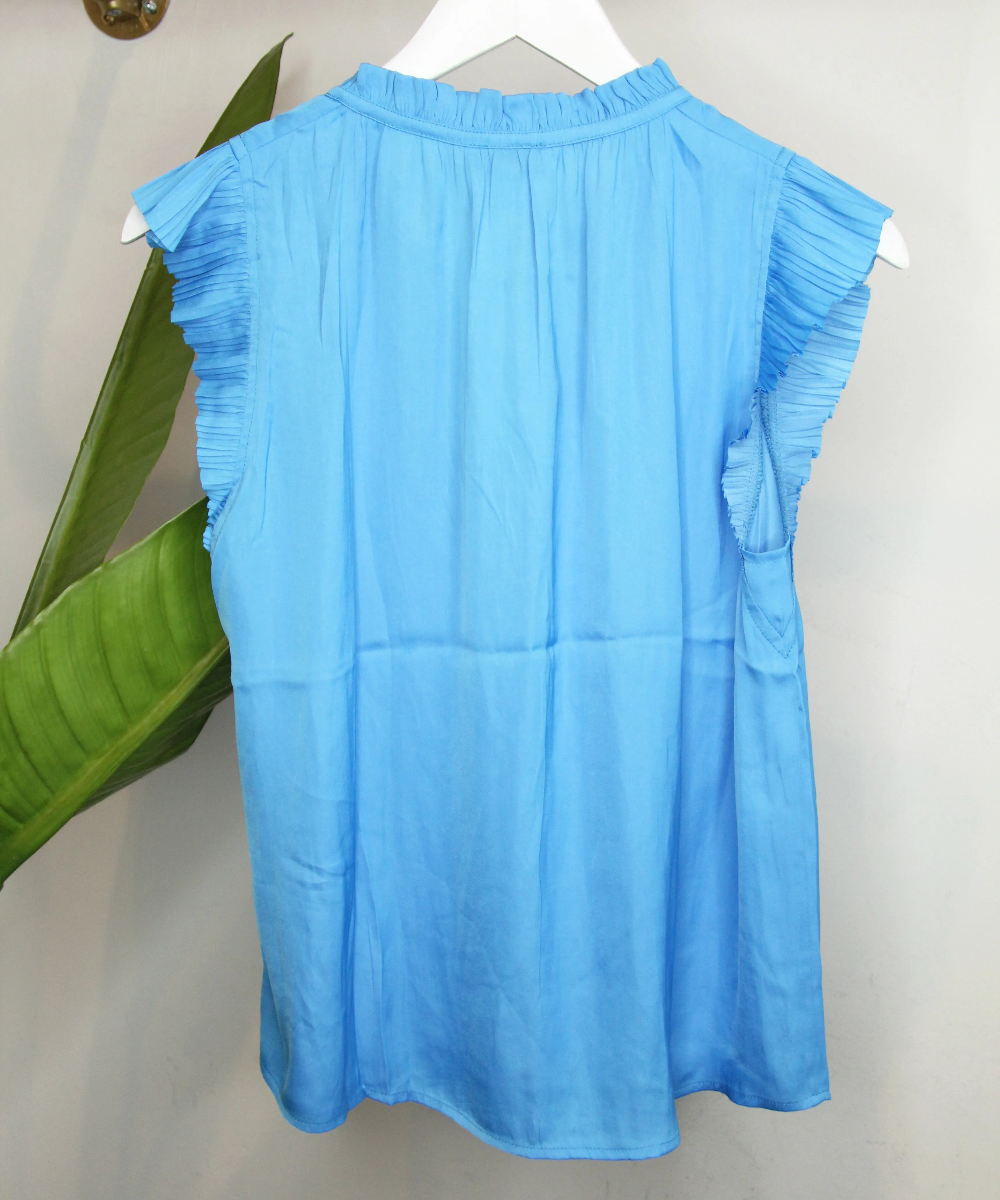 Pleated Short Sleeve Blouse - Tranquil Blue