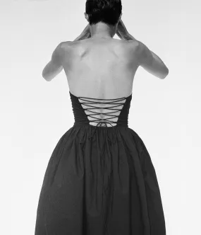 STRAPLESS LACE UP DRESS- BLACK