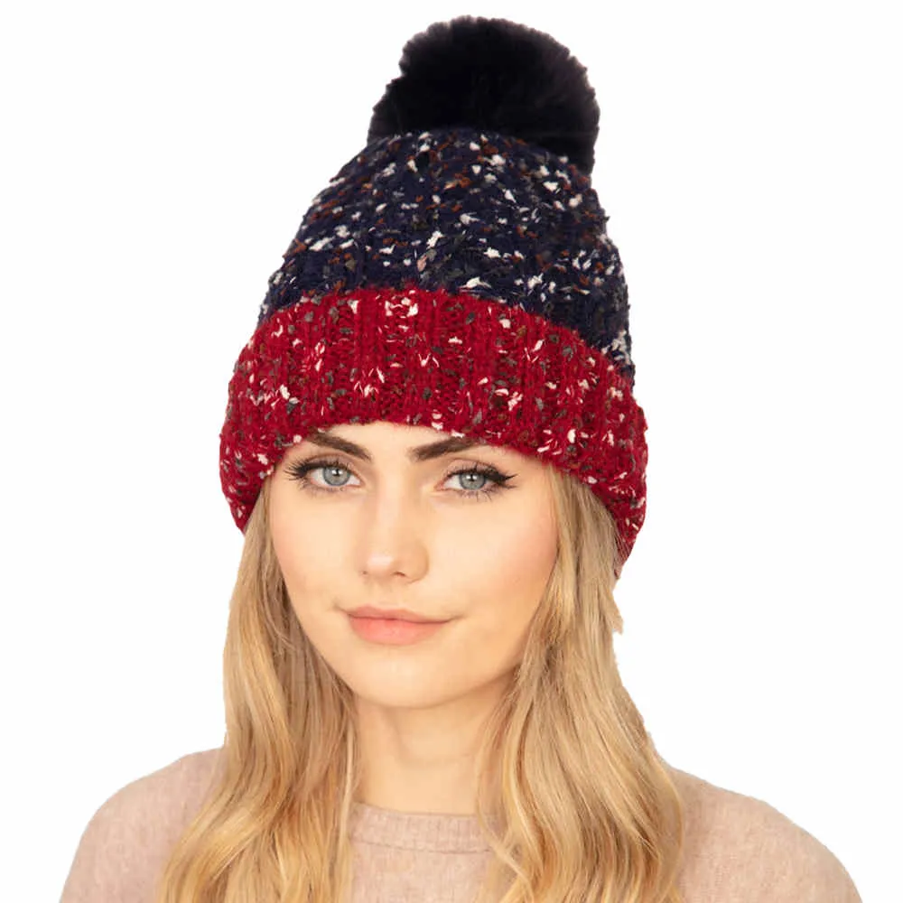 Two Tone Confetti Fleece Pom Pom Beanie Hat