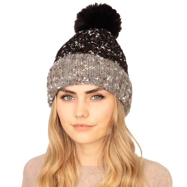 Two Tone Confetti Fleece Pom Pom Beanie Hat