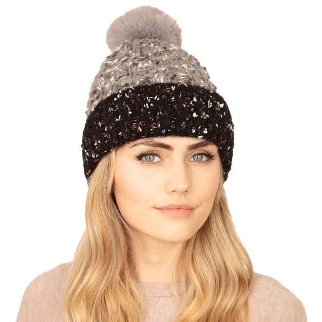 Two Tone Confetti Fleece Pom Pom Beanie Hat