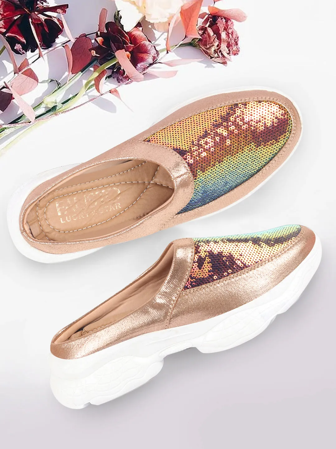 Women Golden Back Open Embellished Slip On Mules