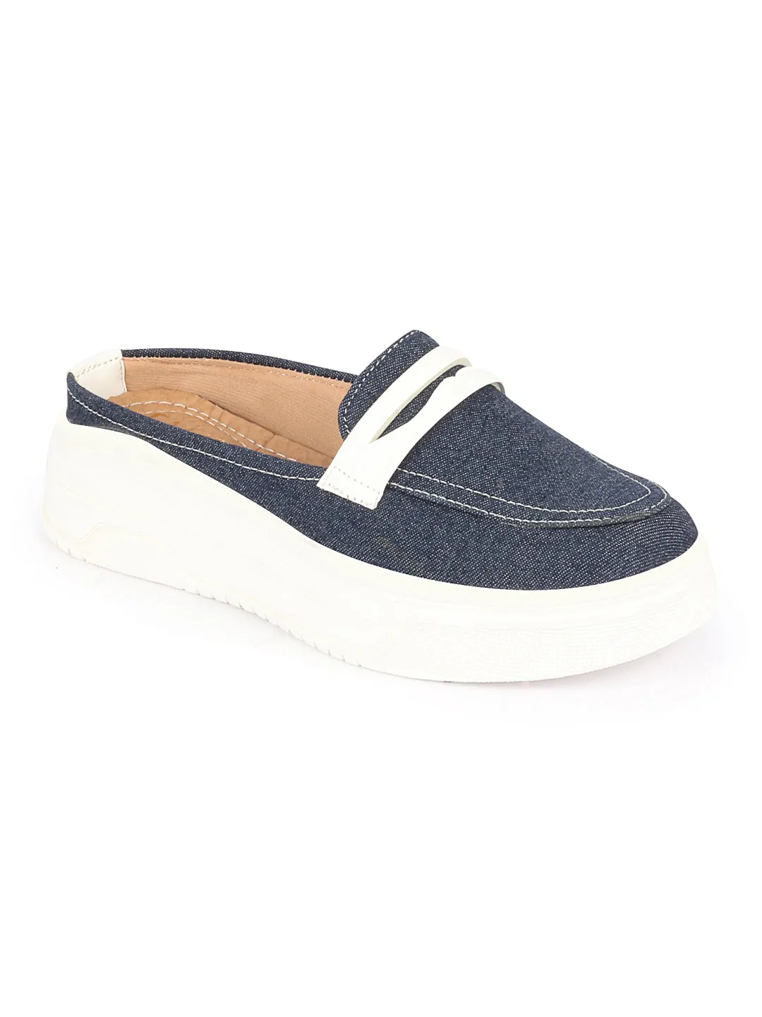 Women Navy Blue Fashion Outdoor Height Enhancer Open Back Slip On Upper Denim Casual Shoes