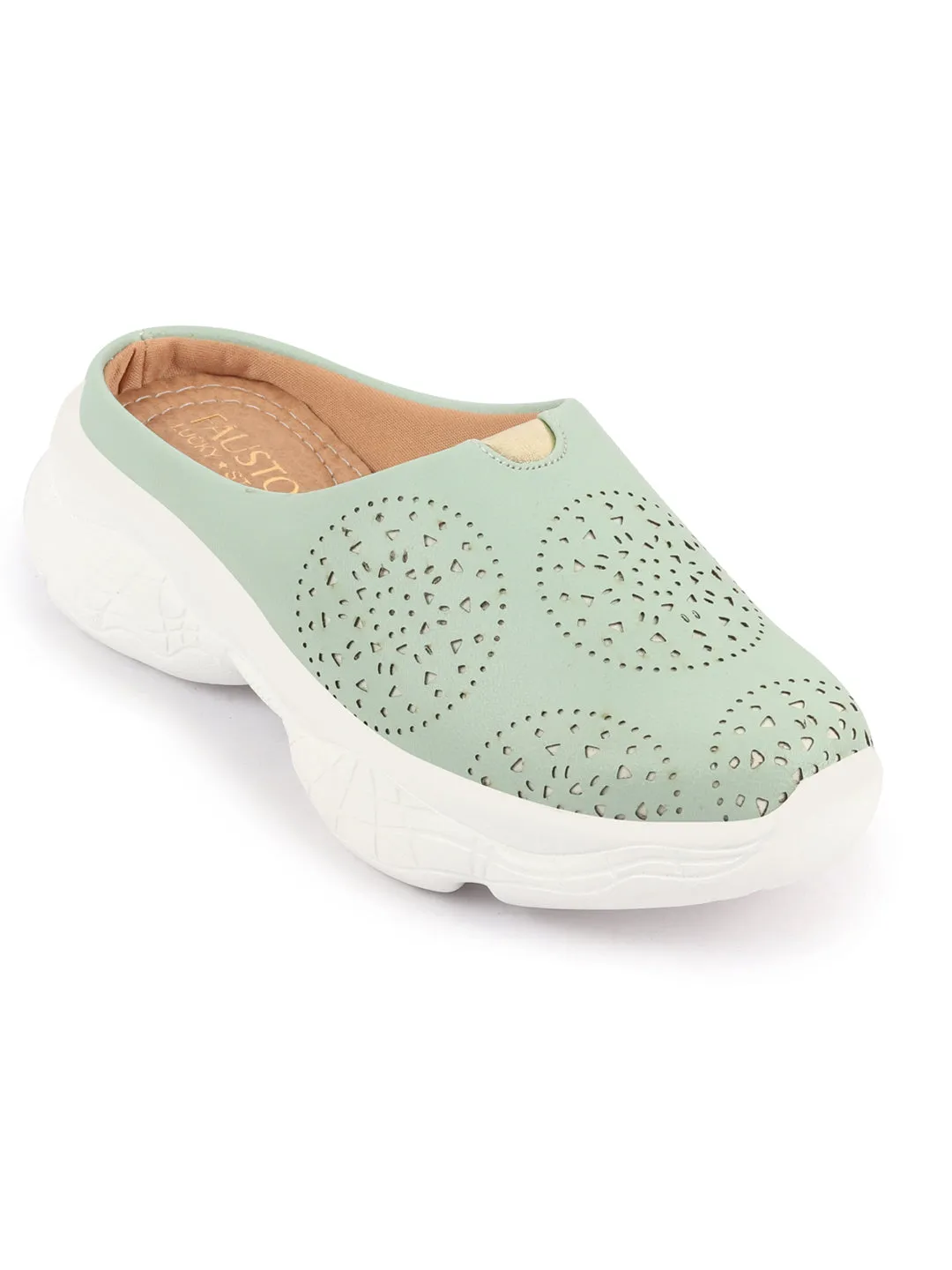 Women Pista Green Laser Cut Design Back Open Slip On Mules Shoes