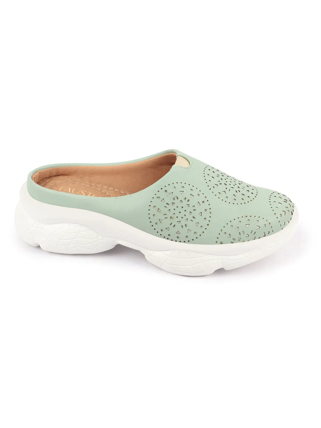 Women Pista Green Laser Cut Design Back Open Slip On Mules Shoes